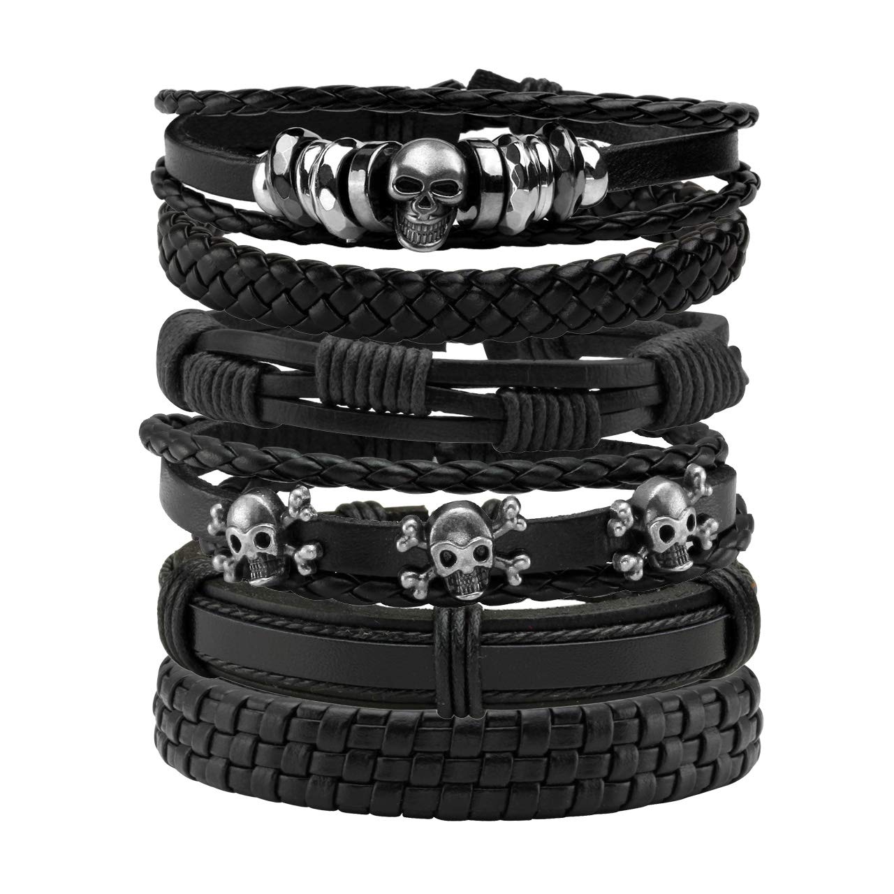 Manfnee 6Pcs Leather Braided Bracelet Punk Cuff Wrap Wristband Bracelets for Men Women Adjustable