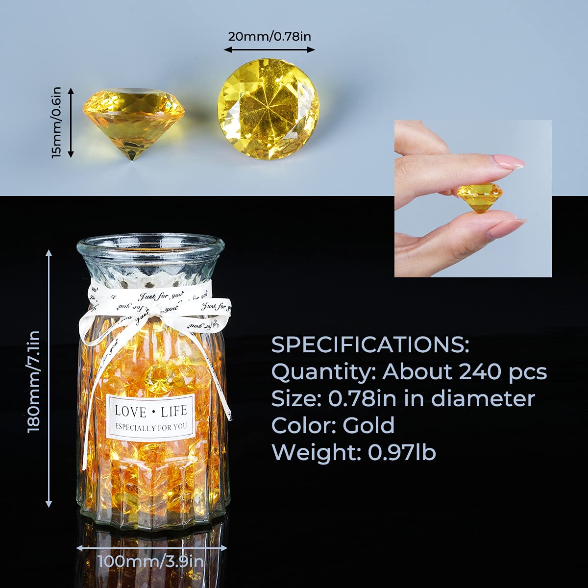 Acrylic Diamond Fake Gems Vase Filler, Babenest 240pcs 3/4 Inch Faux Diamonds Crystals Jewels for Table Scatters Wedding Party Event Arts & Crafts Birthday Decoration Favor (Gold)