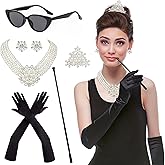 Horolam 6PCS 1920s Accessories, Holly Golightly Costume 20s Accessories Pearl Necklace Earrings Gloves Sunglasses for Women