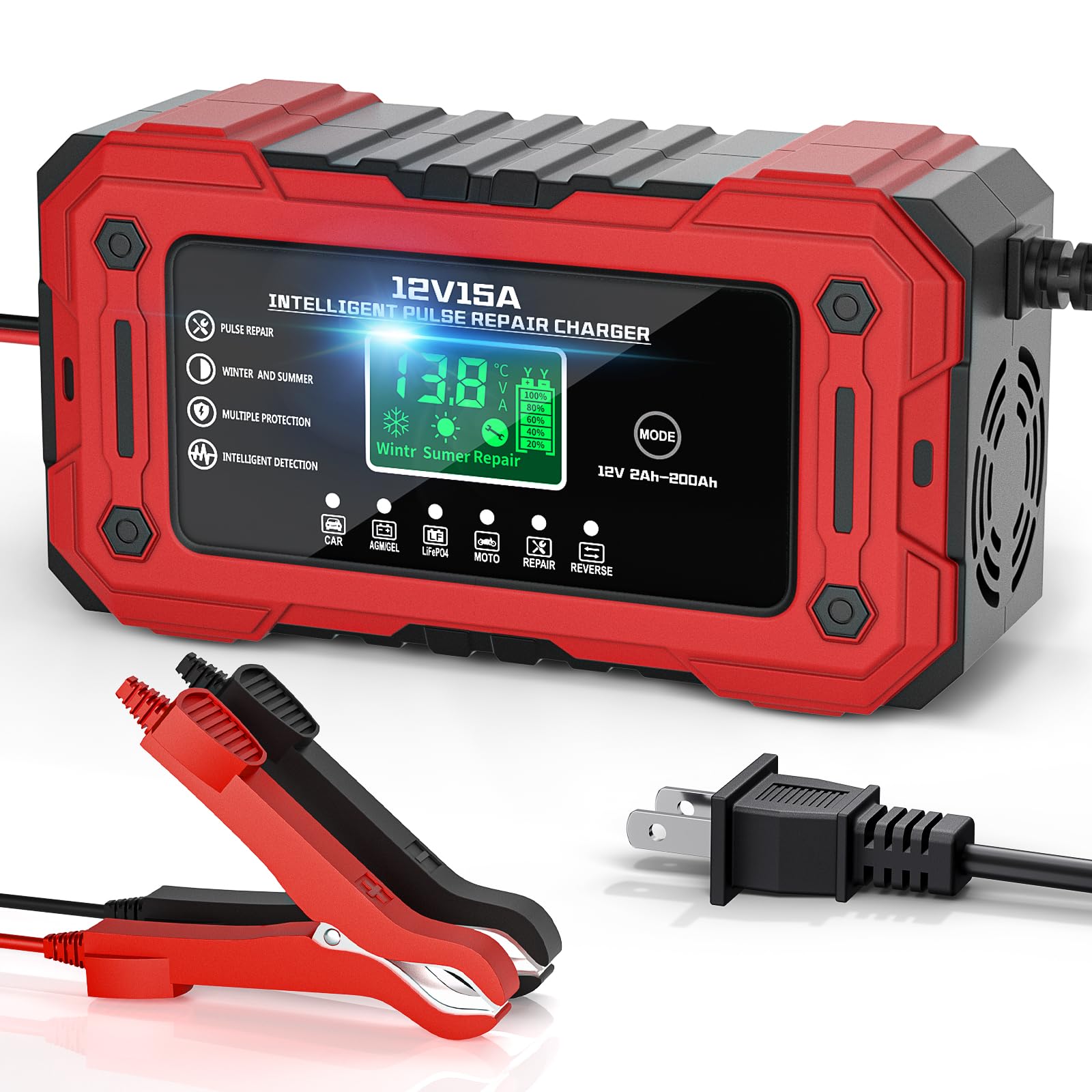 NWOUIIAY Car Battery Charger 15A 12V, Smart Trickle Charger for 12V LiFePO4 Lead Acid Battery Charger Automatic Maintainer with Temperature Compensation for Car Truck Motorcycle Lawn Mower Boat Image