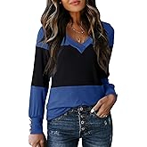 Dokotoo Women's Color Block V Neck Tunic Tops Long Sleeve Casual Loose Button Cuffs Blouse