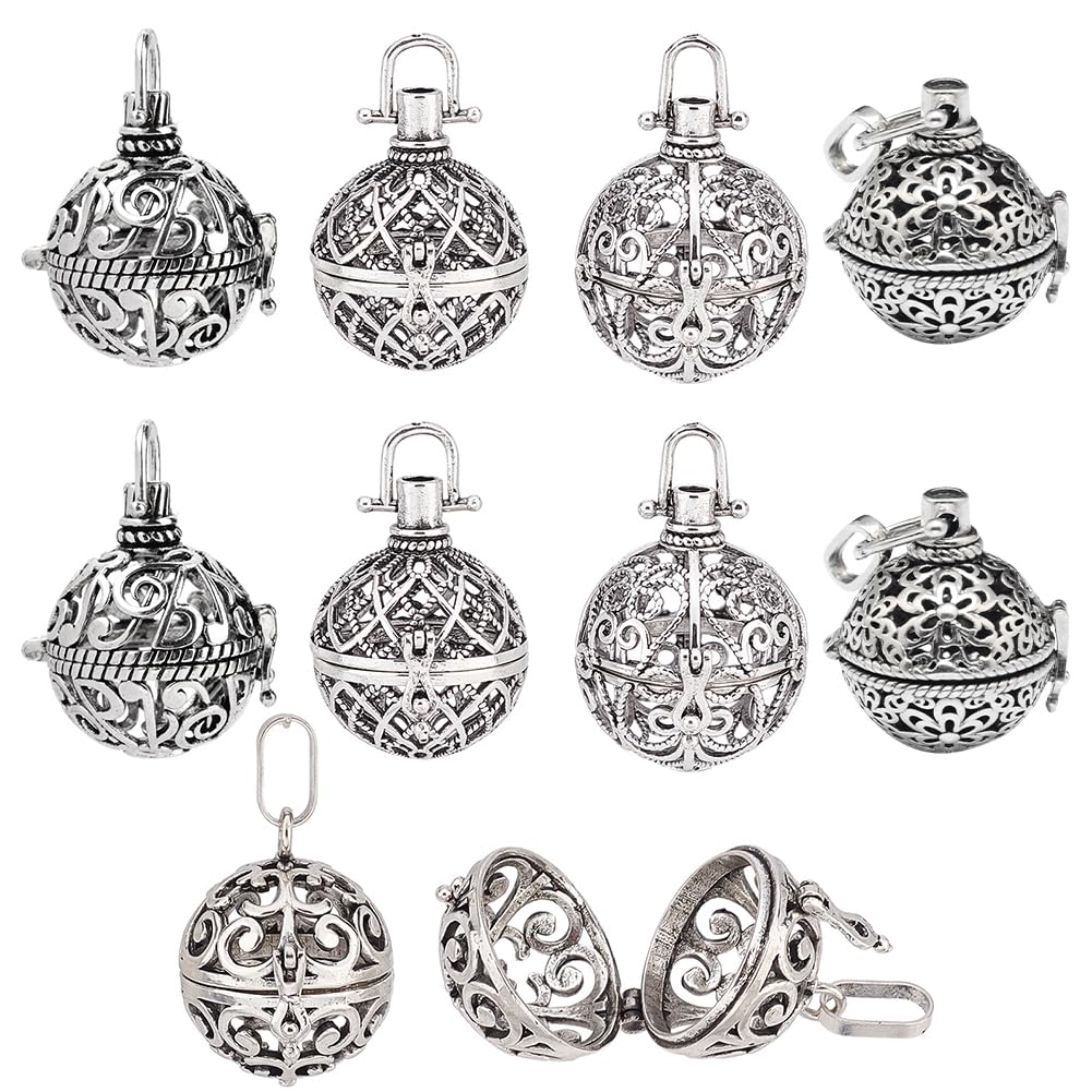 SUNNYCLUE 10pcs 5 Styles Brass Locket Stone Holder Necklace Silver Hollow Spiral Bead Cages Round Chime Ball Charms for DIY Jewellery Making Women Adults Crafts — image 1