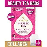 VitaCup Beauty Blend Infused Tea 14 ct |Keto|Paleo|Whole30| Jasmine Herbal Rooibos Caffeine Free Tea with Collagen Types I & III, Biotin (B7) & Folic Acid (B9) Helps Support Healthy Hair, Skin & Nails