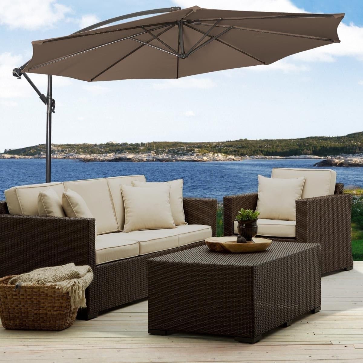 Amazon Com Ubrtools 10 Ft Hanging Umbrella Patio Sun Shade Offset Outdoor Market W Cross Base Tan Garden Outdoor