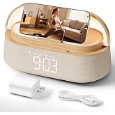 FREEFISH Bluetooth Speaker with Wireless Charger, FM Radio, Adjustable LED Night Light, Dual Wireless Speakers, Suitable for Home Decoration, Bedroom, Office, Gift（Wooden）