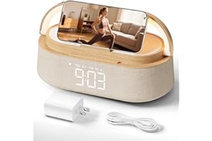 FREEFISH 6-in-1 Alarm Clock with Bluetooth Speaker, Wireless Charging, FM Radio, Night Light, Phone Holder, Digital Clock, 15