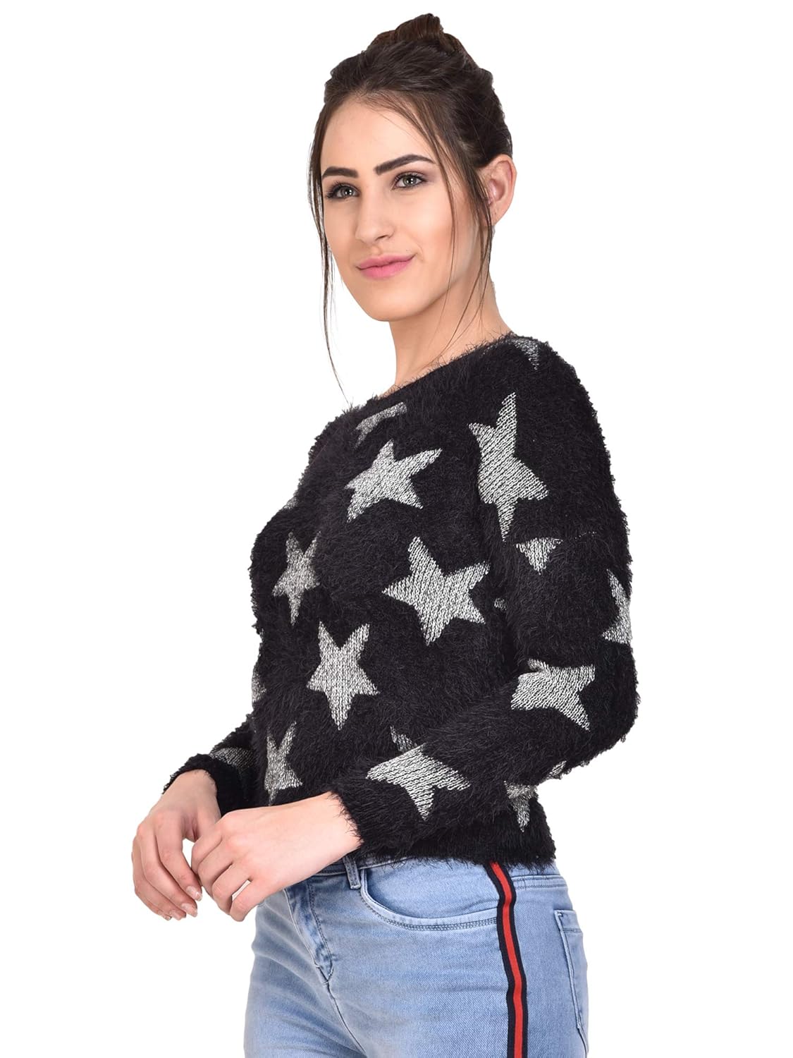 mansicollections fuzzy silver star black full sleeves sweater for women