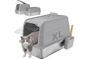 UNZIPE Stainless Steel Litter Box with Lid, XL Extra Large Cat Litter Box, Enclosed Metal Litter Pan with High Sided Enclosure & Scoop, Anti Leakage, Easy to Clean, Odor Control(Grey)