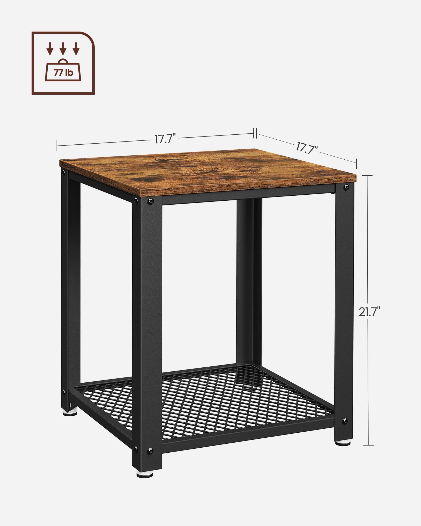 VASAGLE Side Table, 2-Tier Nightstand, End Table with Mesh Shelf, Steel Frame, Adjustable Feet, for Living Room, Bedroom, Industrial Style, Rustic Brown and Black ULET41X, 17.7 x 17.7 x 21.6 Inch