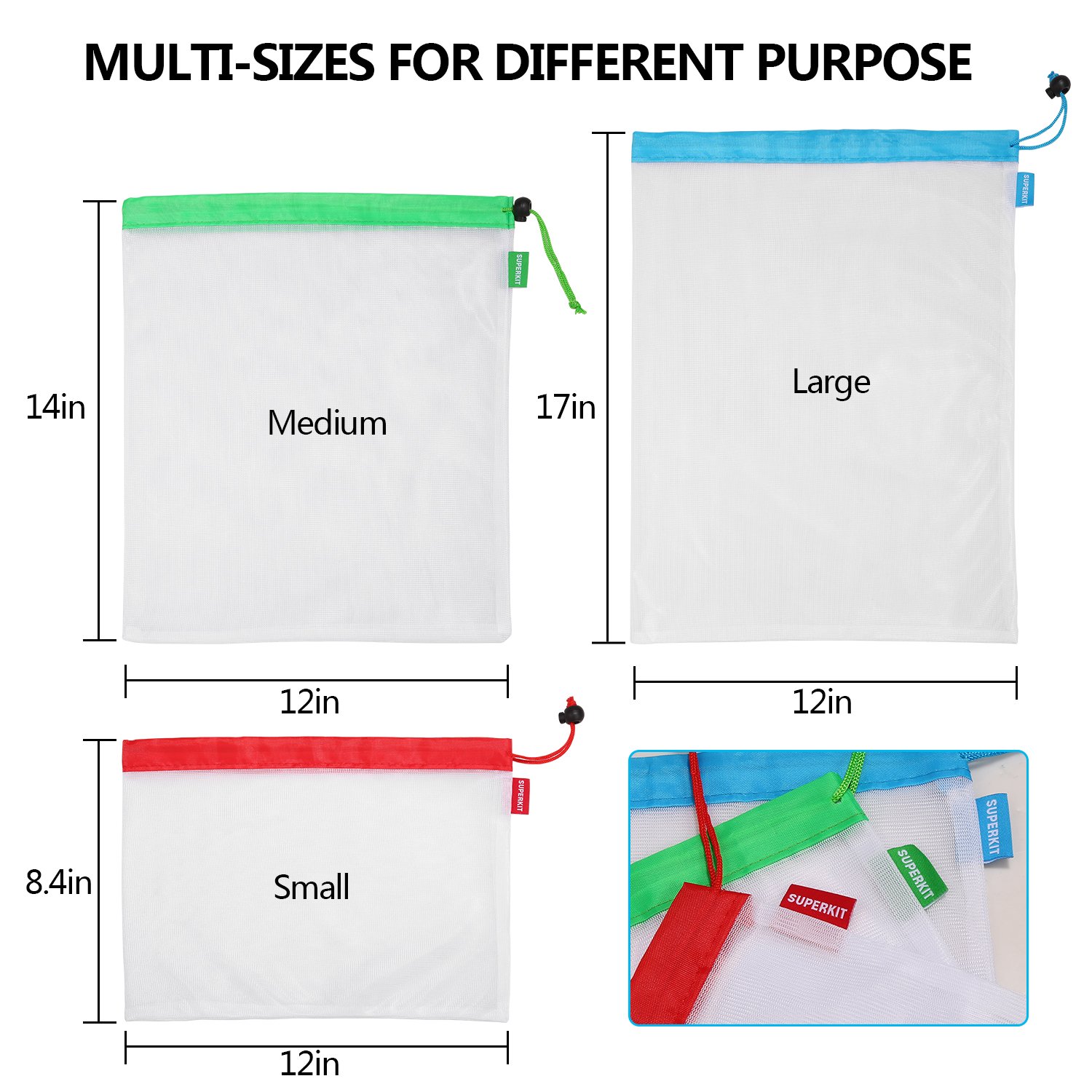 Reusable Produce Bags 15PCS Mesh Bags for Vegetables Eco Friendly Net Bags for Grocery Shopping & Storage Bags of Fruit Vegetables Machine Washable Mesh Produce Bags