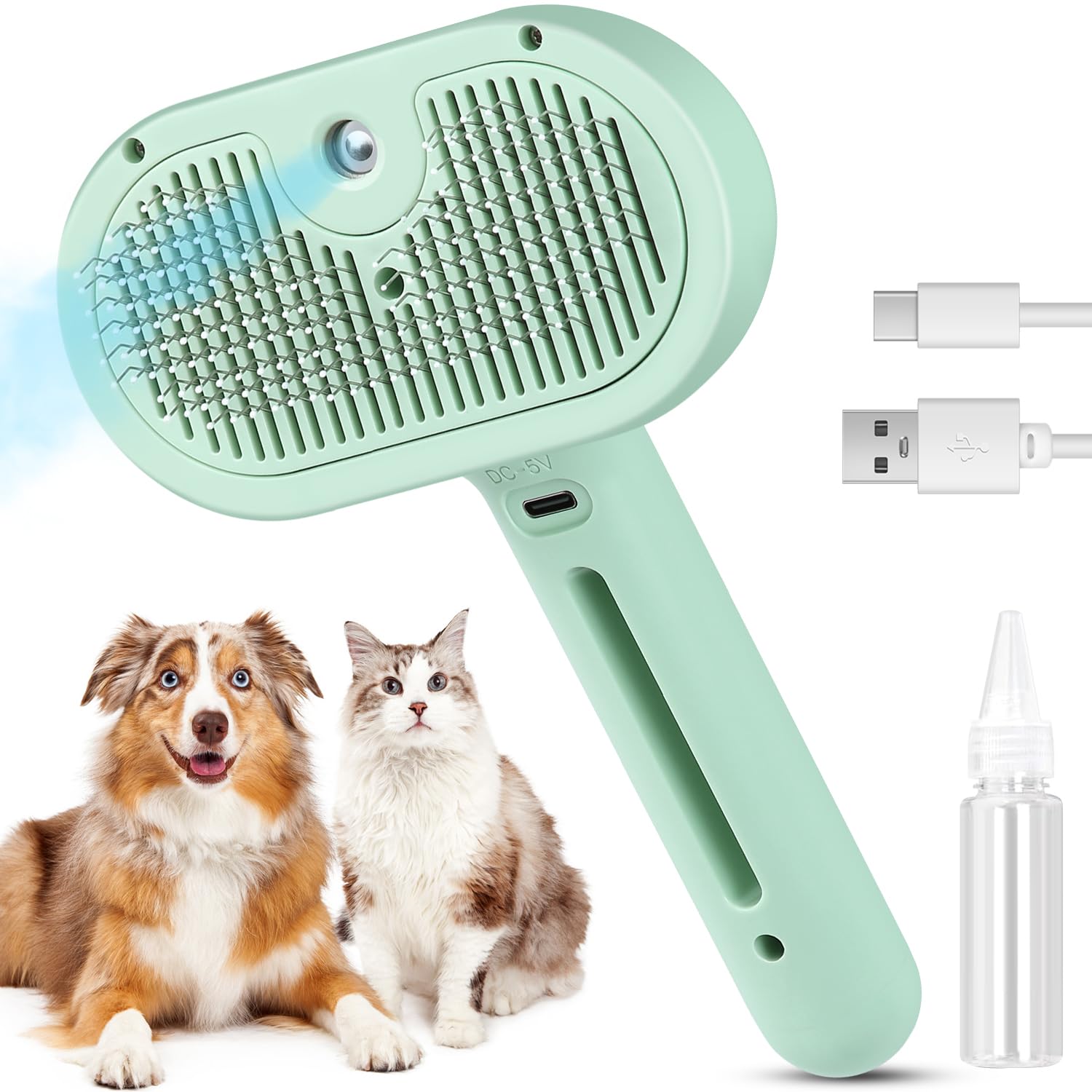 View 1 of 3 in 1 Cat Steam Brush, Pet Spray Hair Removal Comb for Shedding & Grooming, Water Brush for Cats Dogs Small Animals Long Short Haired with One-Click Release Button(Green)