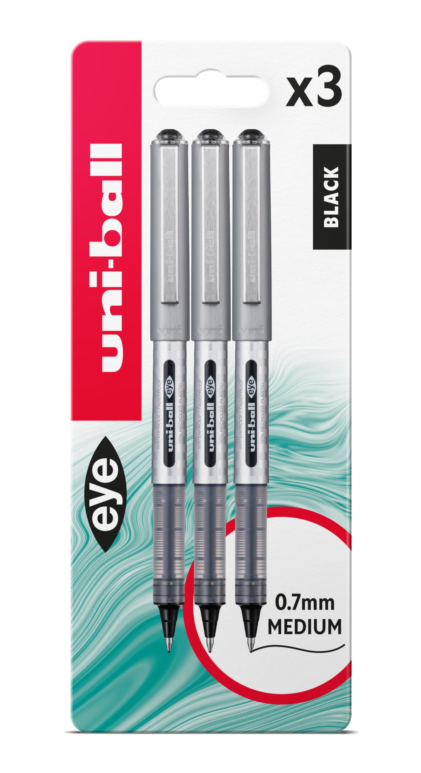 uni-ball UB-157D Eye Designer Black Rollerball Pens. Premium Medium 0.7mm Ballpoint Tip for Super Smooth Handwriting, Art and Drawing. Fade and Water Resistant Liquid Uni Super Ink. Pack of 3