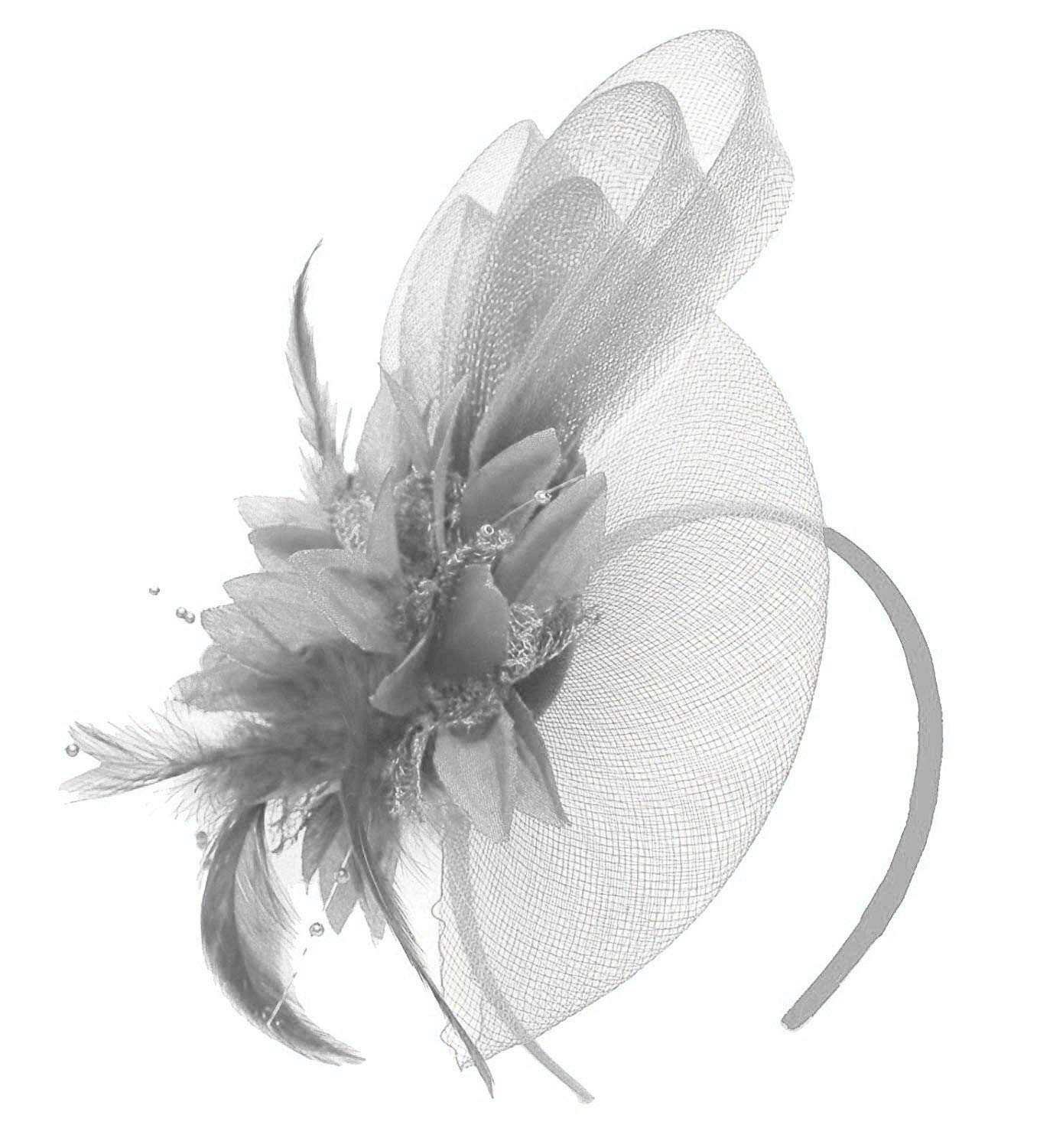 Caprilite Silver Grey Fascinator Headband Flower Wedding Ascot Races Net Hat Feathers