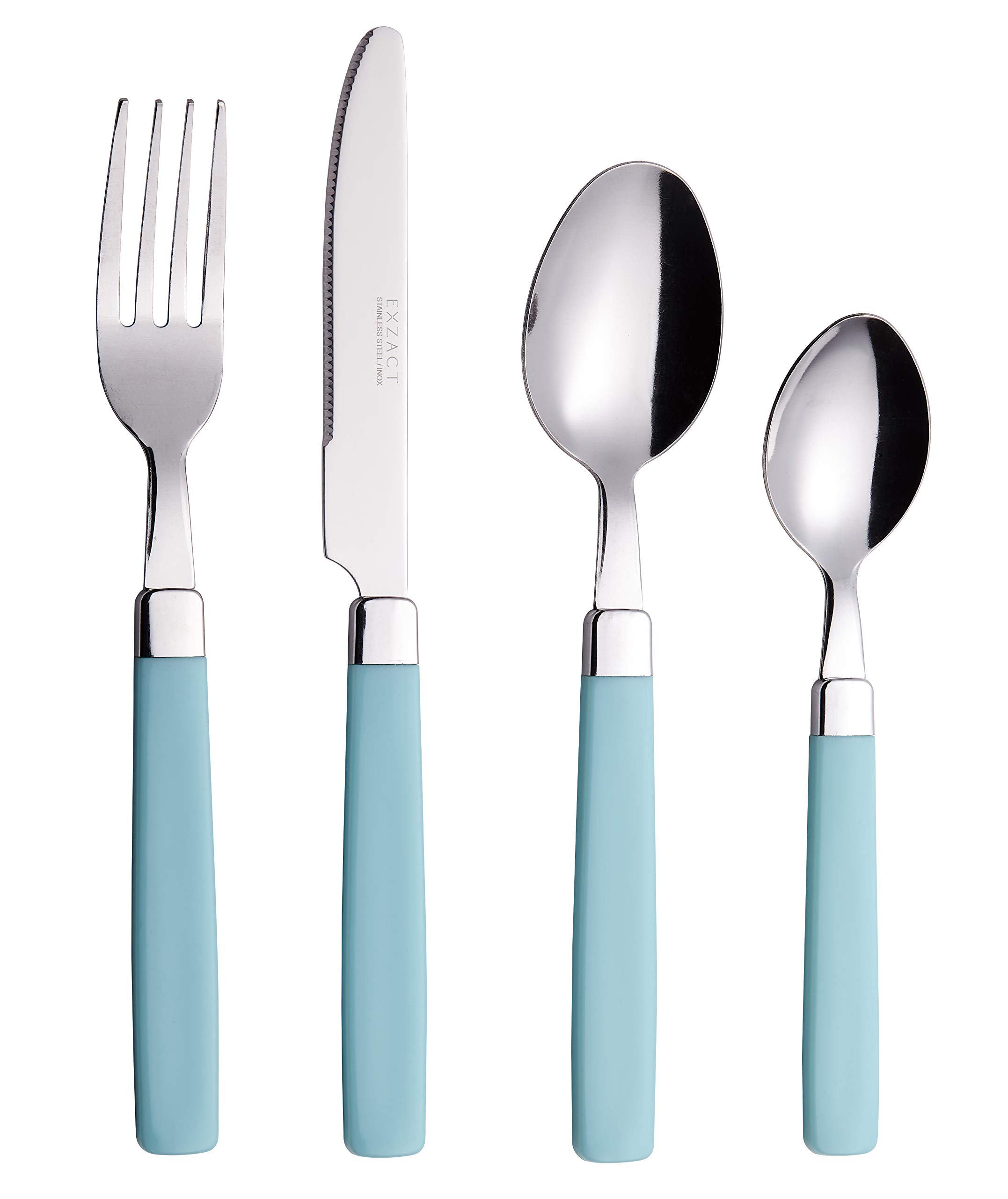 EXZACT Cutlery Set 16pcs Stainless Steel - Coloured Handles - 4 x Forks, 4 x Knives, 4 x Table Spoons, 4 x Tea Spoons - Dishwasher Safe (Turquoise)