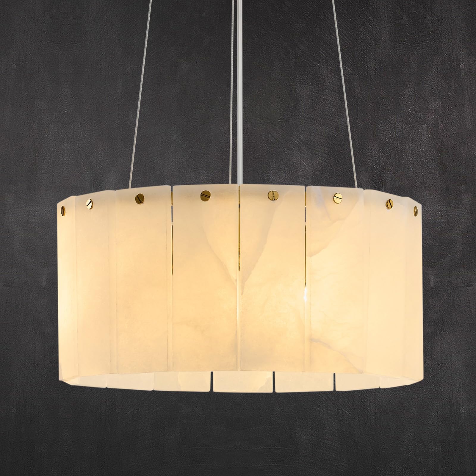 Photo 1 of Modern Luxury Round Alabaster Chandelier: 11.8" Contemporary Natural Spanish Marble Stone Gold Chandeliers - White Small Drum Pendant Light for High Ceiling Foyer Entryway Bedroom Dining Room Bathroom