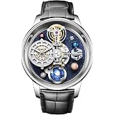 GeYa Planetary Mechanical Watch, Skeleton Dial, Space Theme, Black Leather Strap