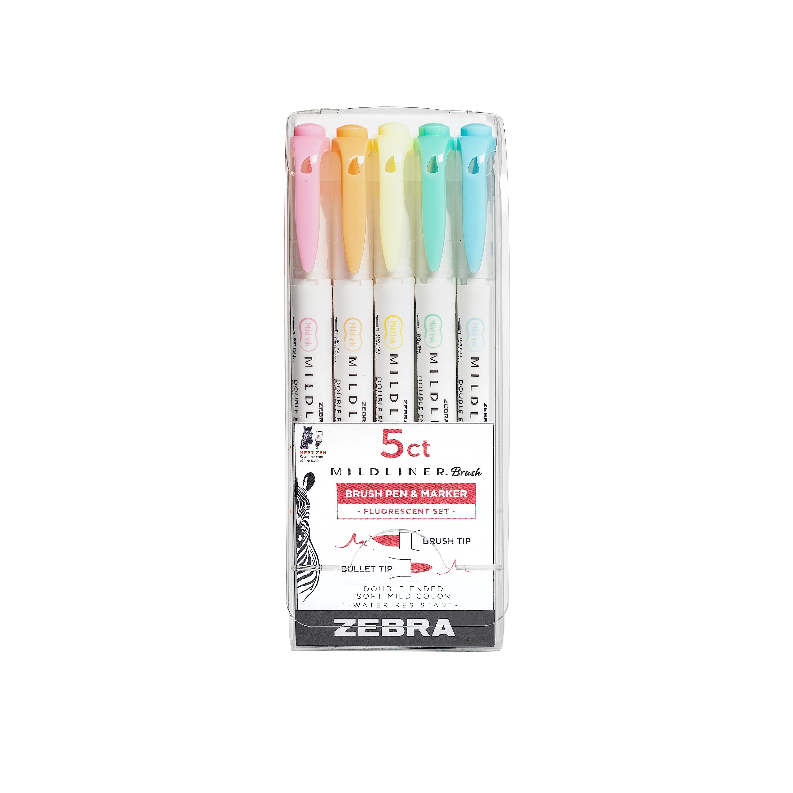 Zebra Mildliner Double Ended Brush Pen & Marker 5/Pkg-Fluorescent