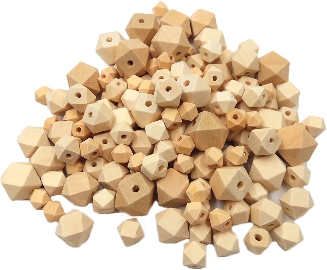 Wendysun 60pcs Natural 6 Sizes Geometric Hexagonal Beads Unfinished Wooden Beads Faceted Cube For Baby Teether Necklace Bracelet DIY Wooden Teether Art&Craft Accessories Supply&Wood Crafts