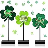 Burbell 3 Pcs St Patricks Day Decorations Lucky Shamrock Wooden Sign on Stand Irish Wood Centerpiece Table Decorations Freestanding Shamrock Signs St. Patrick's Day Decor for Gift Desk Party Home