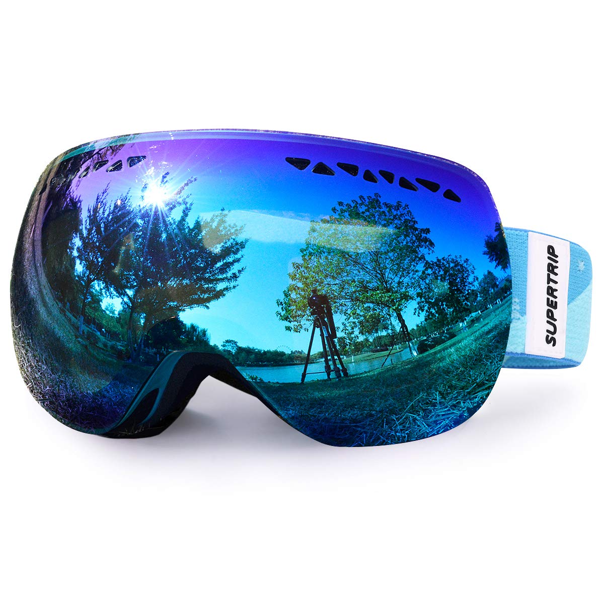 Supertrip Ski Goggles Men & Women Skiing Snowboard Goggles Over Glasses Interchangeable Lens UV400 Protection Anti-fog Snow Skate Goggles Gray Revo Ice Blue(VLT 28%)