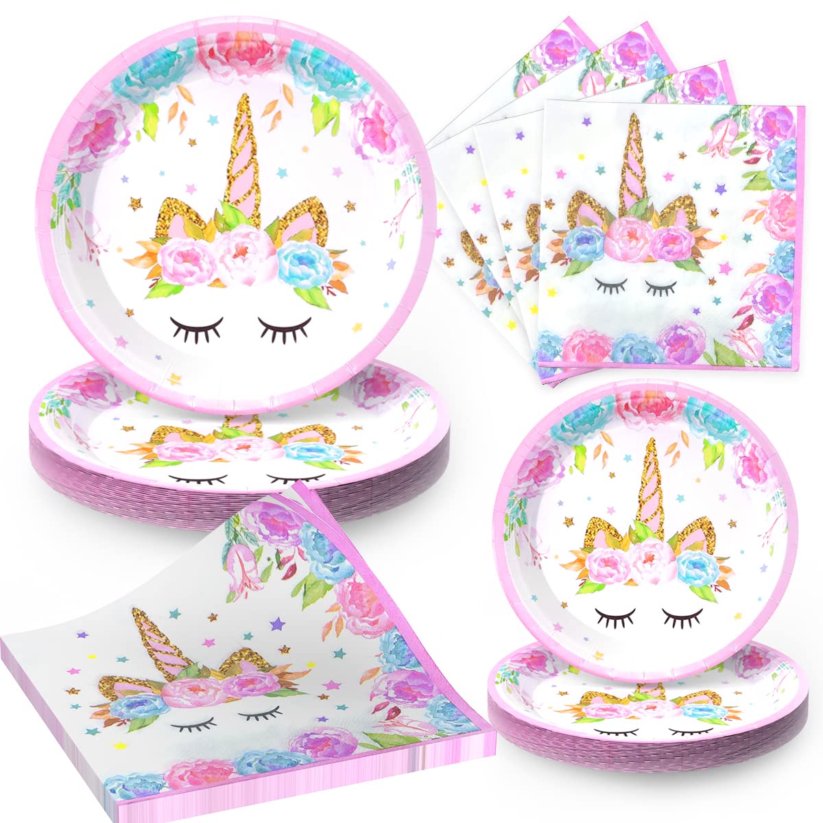 Unicorn Pink Paper Plates and Napkins Party Tableware Set 96 Pcs, Kids Girls Birthday Party Decorations Disposable Plates for Dinnerware Baby Shower, Birthday Party, Wedding and Anniversary(Serves 24)