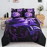 Xruibed Floral Comforter Set Queen 7 Piece Bed in a Bag Purple Rose Flower Comforter with Sheet Set Soft Micorfiber Bedding Set (1 Comforter,2 Pillow Shams,1 Flat Sheet,1 Fitted Sheet,2 Pillowcases)