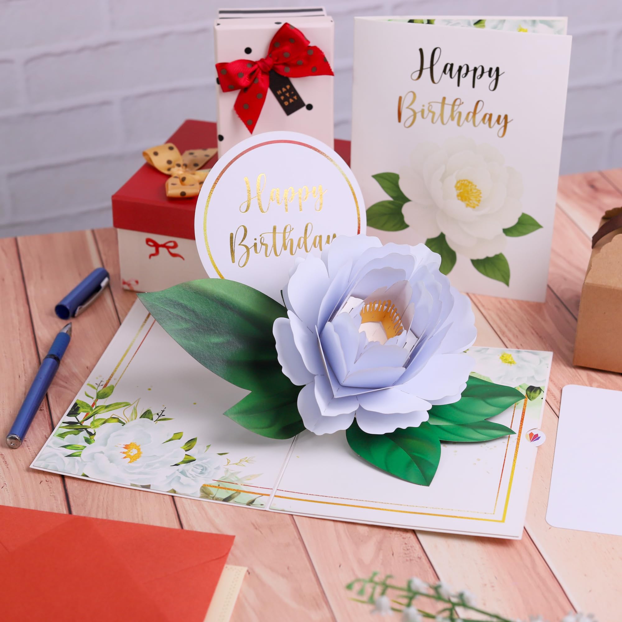 LIMAH® Happy Birthday Pop-up 3D Geburtstagskarte zum Geburtstag für Frau, Freundin, Oma - kombinierbar mit einem Gutschein, Geschenk, oder Blumenstrauß - Motiv. Weiße Blumen mit grüner Deko 7