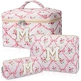 Junesters Personalized Initial Makeup Bag Set, Quilted Makeup Bag, Large Floral Cosmetic Bag for Women, Cute Cotton Custom Make up Bags, Flower Travel Toiletry Bag Teen Girl Gift Trendy Stuff Gift M