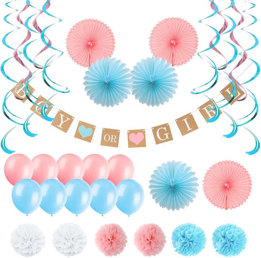 Festivous Wishel Gender Reveal Party Supplies Baby Shower Decorations Boy or Girl Banner Tissue Paper Pom Poms Paper Fans and Balloons