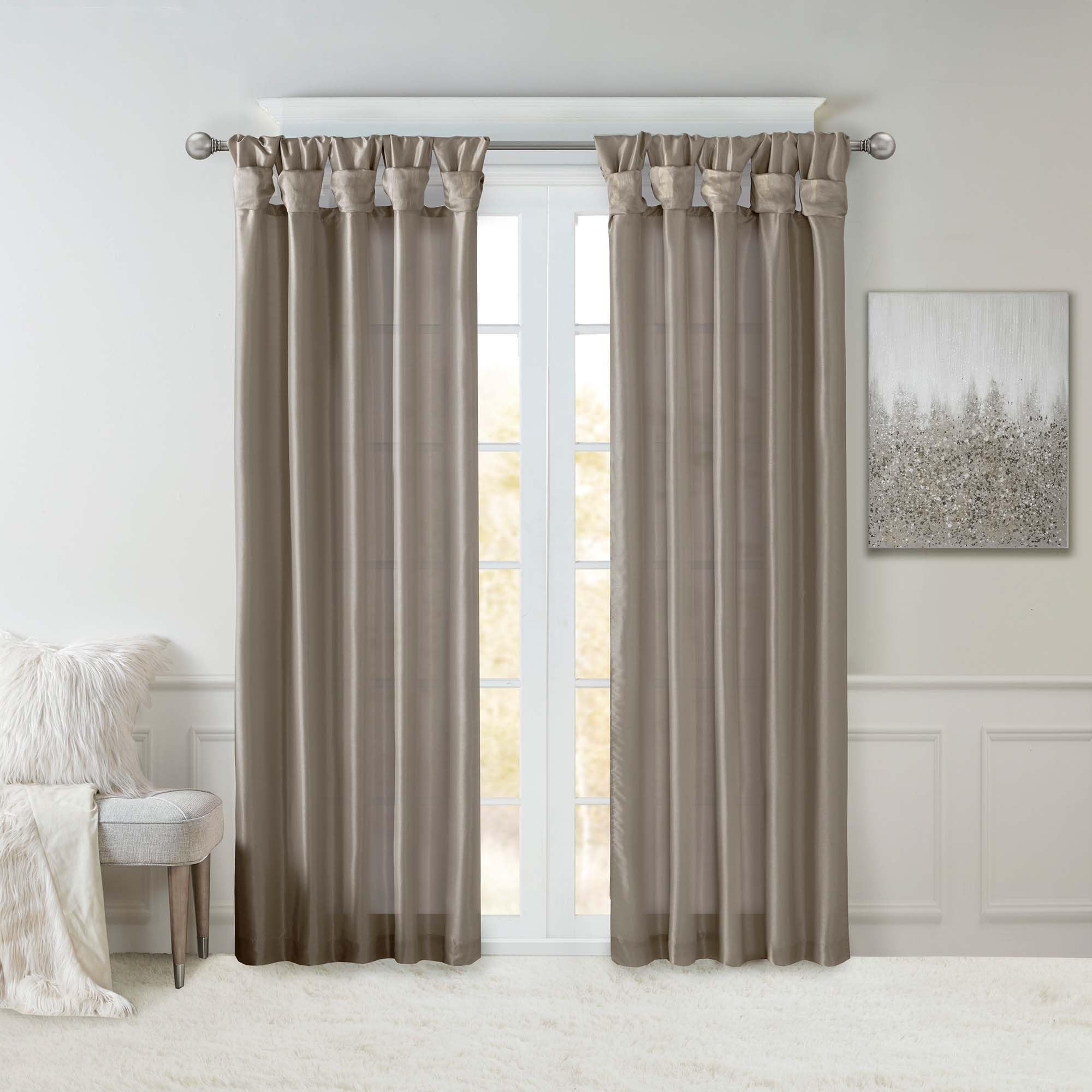 Madison Park Emilia Faux Silk Single Curtain with Privacy Lining, DIY Twist Tab Top, Window Drape for Living Room, Bedroom and Dorm, 50x120, Pewter Brown