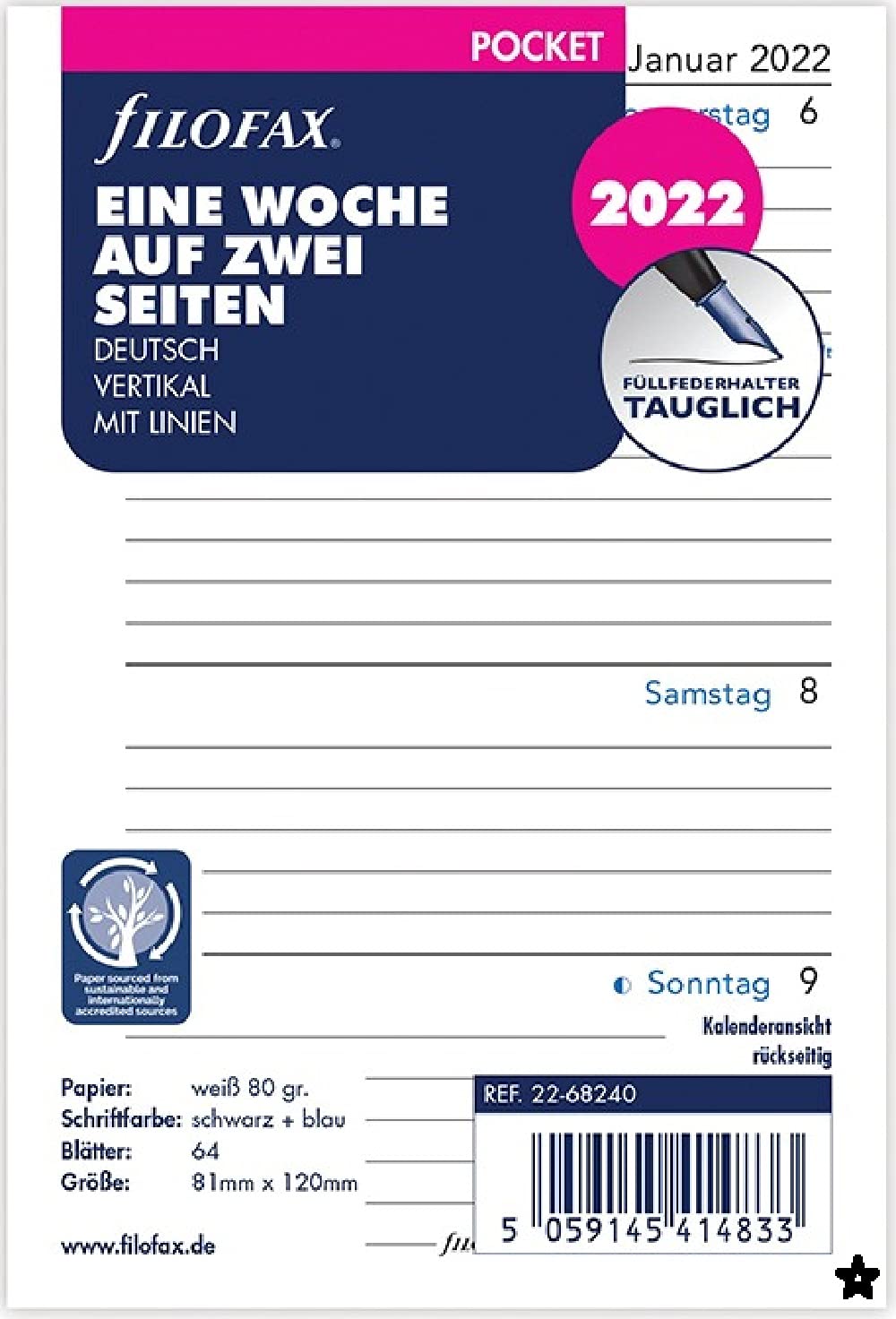 Filofax Pocket 1 Week on 2 Pages Vertical (German) 2022, 22-68240