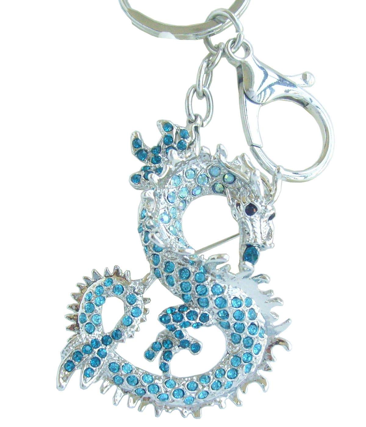 Sindary Austrian Crystal Art Style 2.36" Unique Dragon Keychain Pendant UK2980 (Silver-Tone Lake Blue)