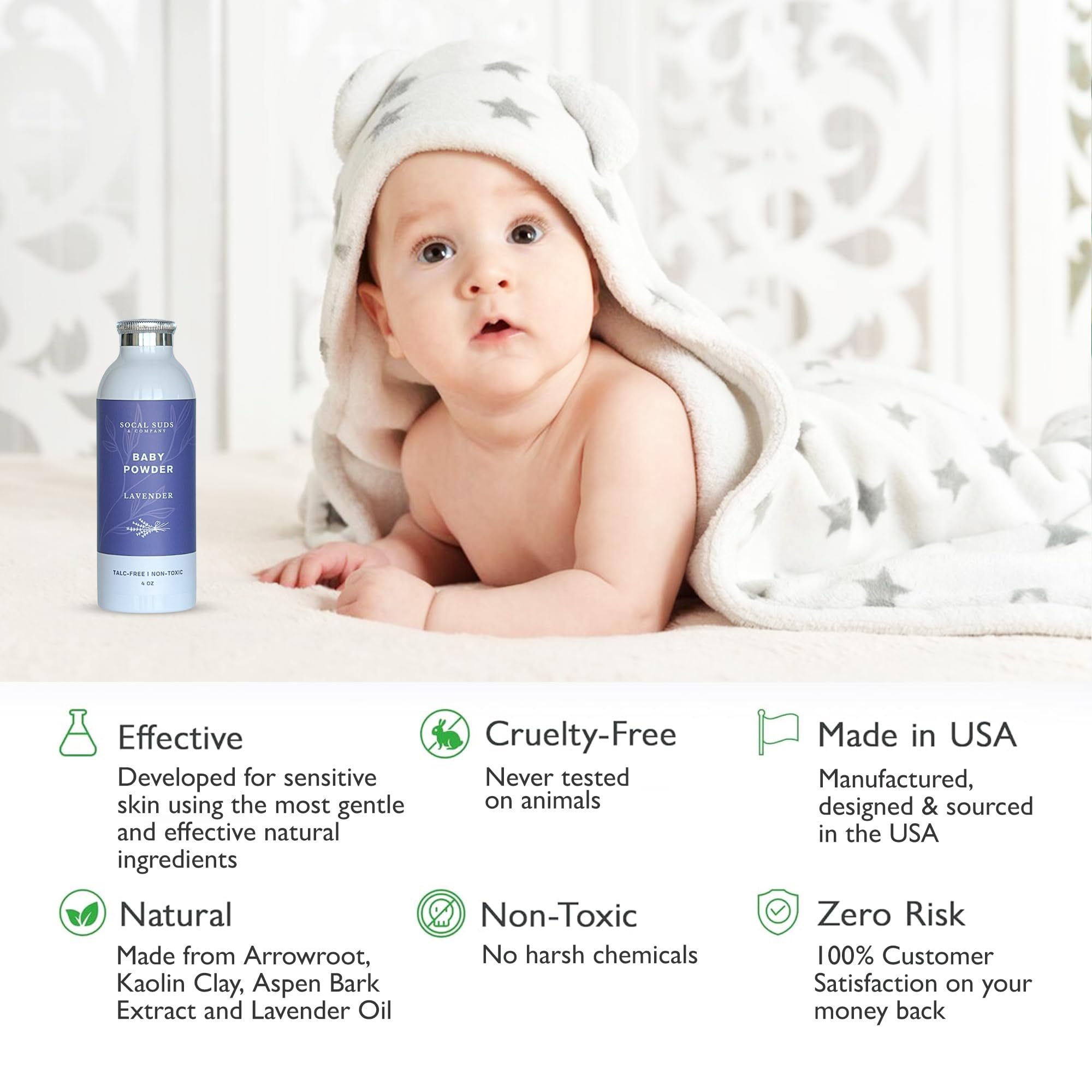 Natural Baby Powder Talc-Free - Newborn Essentials with Arrowroot Powder, Kaolin, Aspen Bark Extract for Soft Soothing Protected Skin - Gentle Absorption - Lavender, 4oz