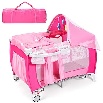 pink baby bassinet with canopy & wheels