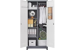 GREATMEET Metal Storage Cabinet with Lockable Doors,Broom Storage Cabinet with Shelves,72.8" Broom Closet Organizer Cabinet for Warehouse,Bathroom Grey&White