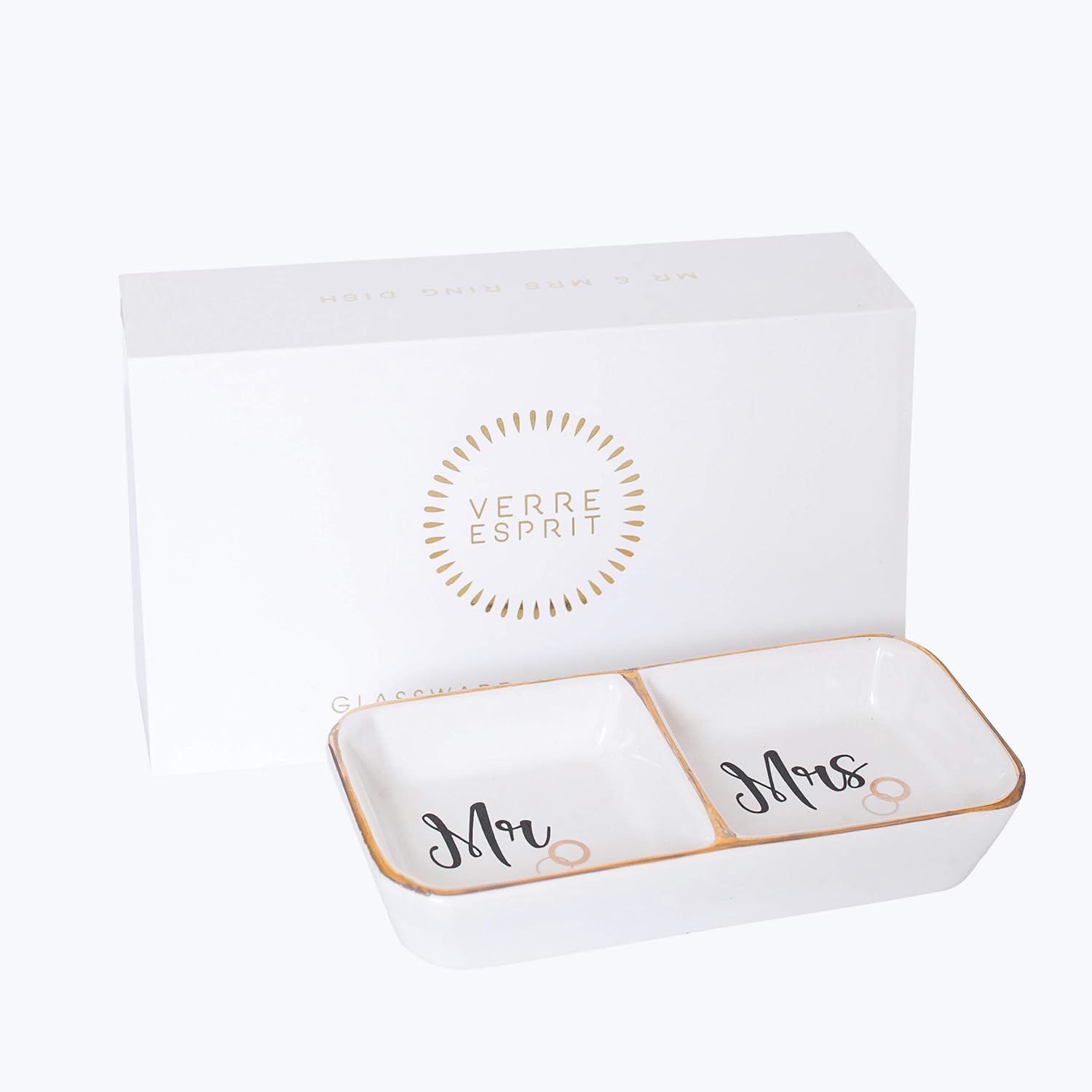 VERRE ESPRIT Mr and Mrs Ring Holder Dish in Beautiful Gift Box - Ceramic Ring Dish - Ideal Engagement Gifts for Couples, Honeymoon Gifts, and Wedding Gifts for The Couple Unique: Home & Kitchen