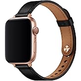 OUHENG Slim Bands Compatible with Apple Watch Band 46mm/49mm/45mm/44mm/42mm, Women Genuine Leather Thin Strap for iWatch Ultra 3/2/1, SE 3/2/1, Series 11 10 9 8 7 6 5 4 3 2 1 (Black/Rose Gold)
