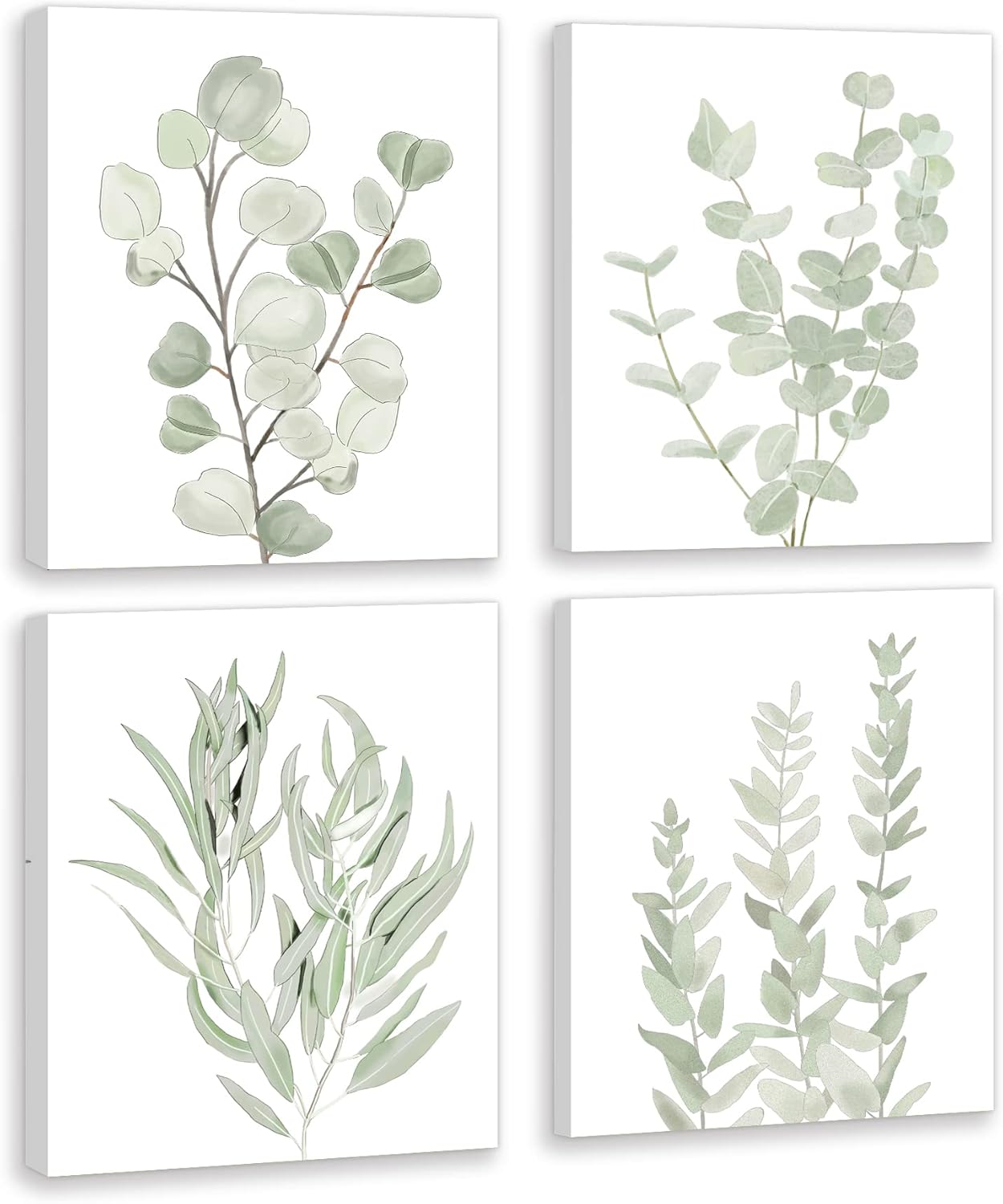 Wall Décor - FRAMED Botanical Plant Canvas Wall Art | Boho Plant Wall Decor for Bedroom | Minimalist Floral Prints for Living Room | Light Green Botanical Art Painting for Office | Eucalyptus Leaf Picture | Set of 4 | 8”x 10”