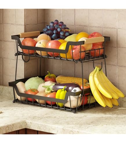 Étagère De Cuisine à 2 Corbeilles – Rangement Fruits, Légumes, Pain – Design Stable Et Multifonction