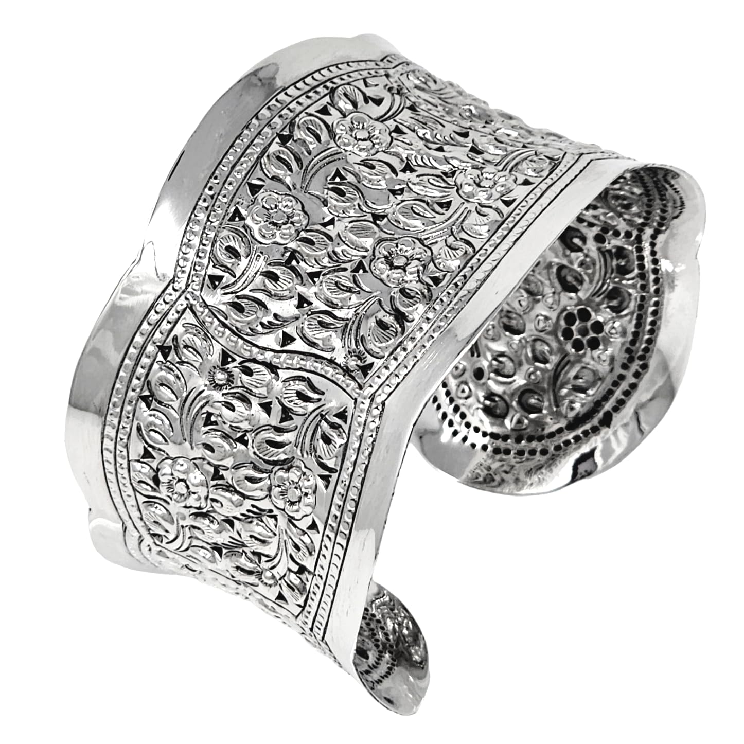 Treasure Bay Solid 925 Sterling Silver Bangle Floral Cuff for Women and Girls | Women's Chunky Statement Silver Cuff