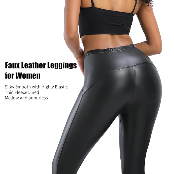CHINENSIS BLACK LEATHER PANTS FOR WOMEN FLEECE LINED FAUX LEATHER LEGGINGS TUMMY CONTROL SHINY PLEATHER LEGGINGS SEXY