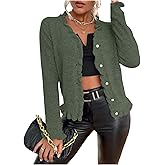 Verdusa Women's Ruffle Trim V Neck Button Down Long Sleeve Knit Cardigan Sweater