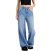 Wanduyini Adjustable Waist Straight Leg Jeans for Women Y2K Baggy Jeans with Snap-Button Mid Low Rise Denim Pants