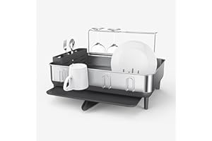 simplehuman Kitchen Dish Drying Rack With Swivel Spout, Fingerprint-Proof Stainless Steel Frame, Grey Plastic, 2021 Model
