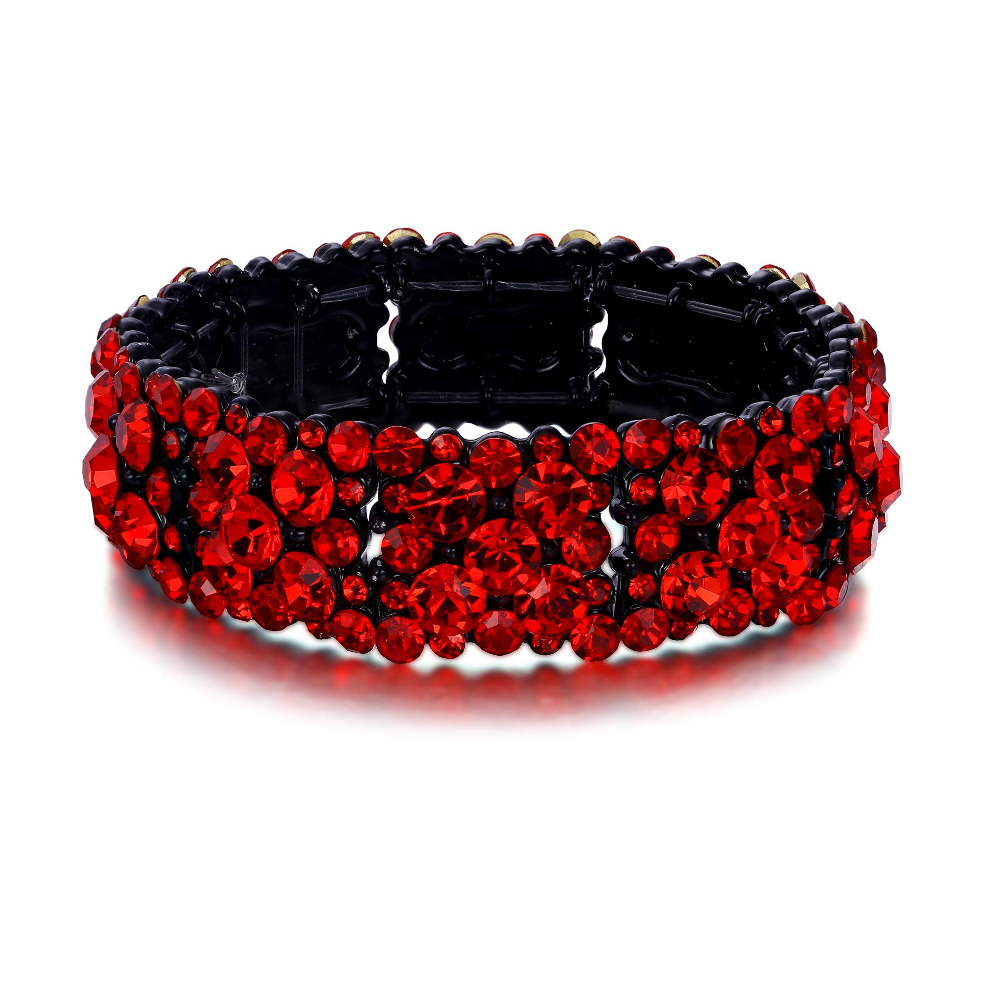 Ever Faith Red Crystal Bracelet for Women, Sparkly Rhinestone Statement Adjustable Elastic Stretch Bracelets Wedding Jewellery for Brides Bridal Black-Tone