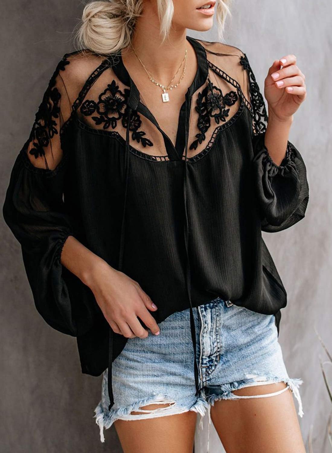 Biucly Womens Casual Solid V Neck Lace Crochet Button Down Bell Sleeve Shirts Tops Loose Blouses(S-XXL): Clothing