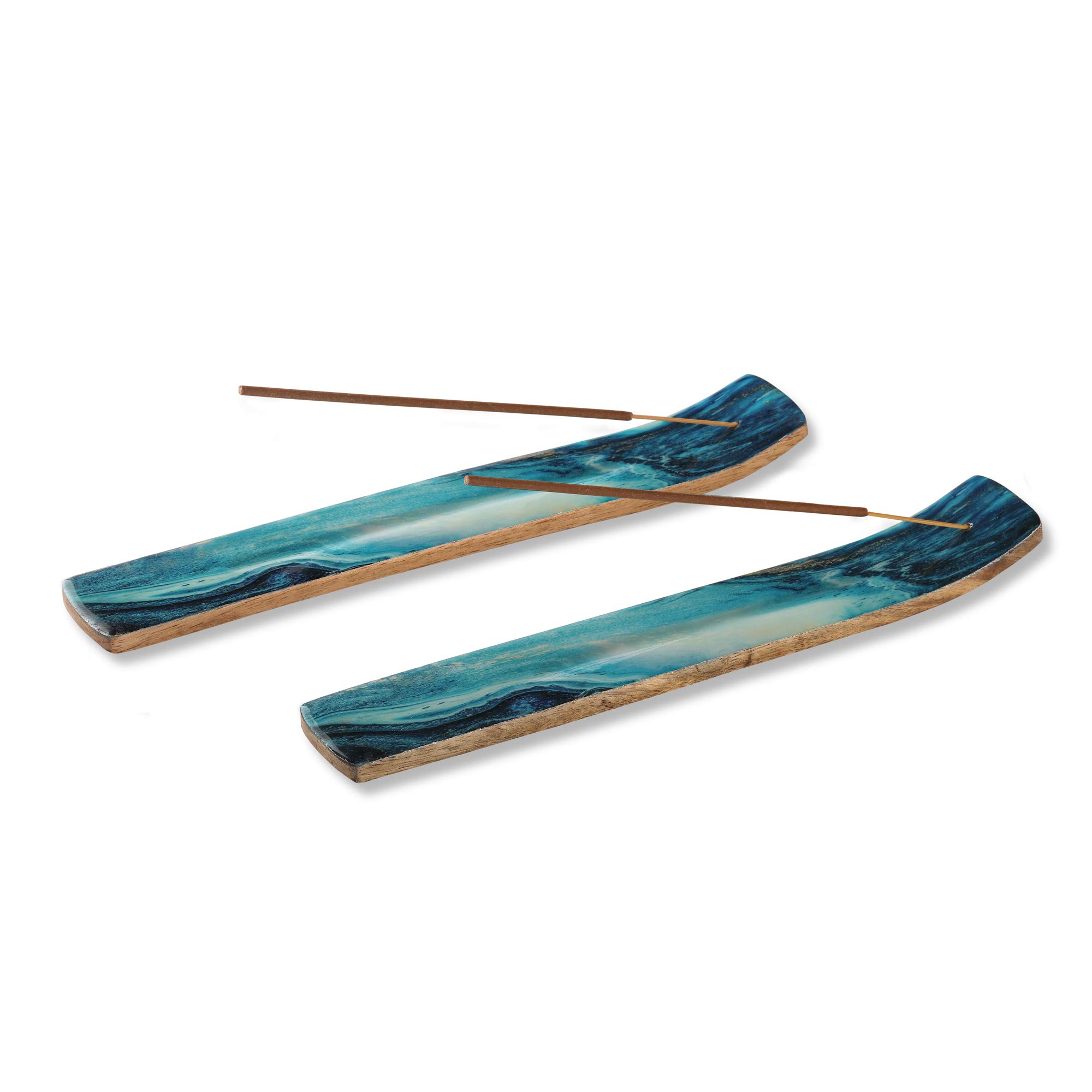 Blue Mango Wood Incense Holder - Set of 2, 25 cm Long, Ash Catcher for Incense and Joss Sticks