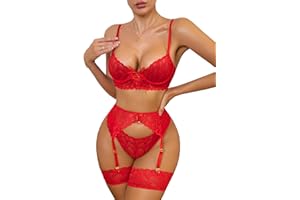 Lilosy Sexy Bow Feather Floral Lace Sheer Underwire Push Up Garter Lingerie Set