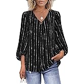 Bebonnie Womens Lantern 3/4 Sleeve Causal Loose V Neck Chiffon Blouses Tops