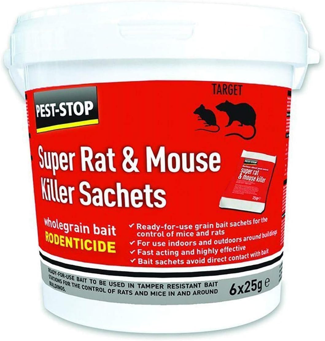 Pump Gun High Performance Pest-Stop Super Rat and Mouse Killer Sachets Wholegrain Bait, 6 x 25g